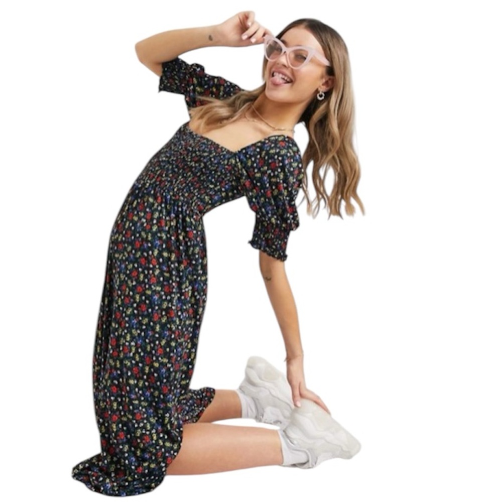 ASOS DESIGN Women’s Shirred Bust Maxi Dress Black Ditsy Floral Size 20